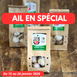 L'ail bio des Jardins de St-Félicien en format de 150g se conserve tout l'hiver dans son contenant de carton